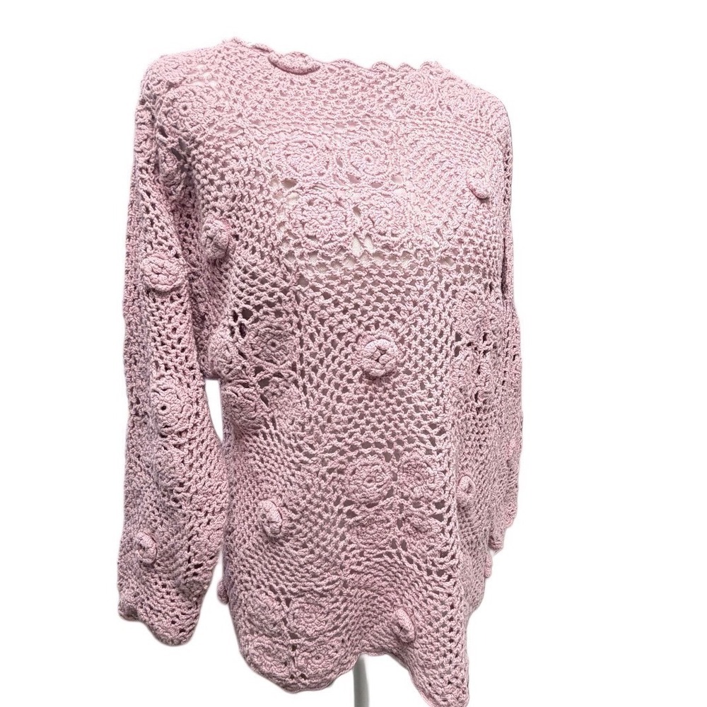 Y2K Pink Crochet Floral Sweater Boho Open Knit Top Large Coquette Coverup Beach